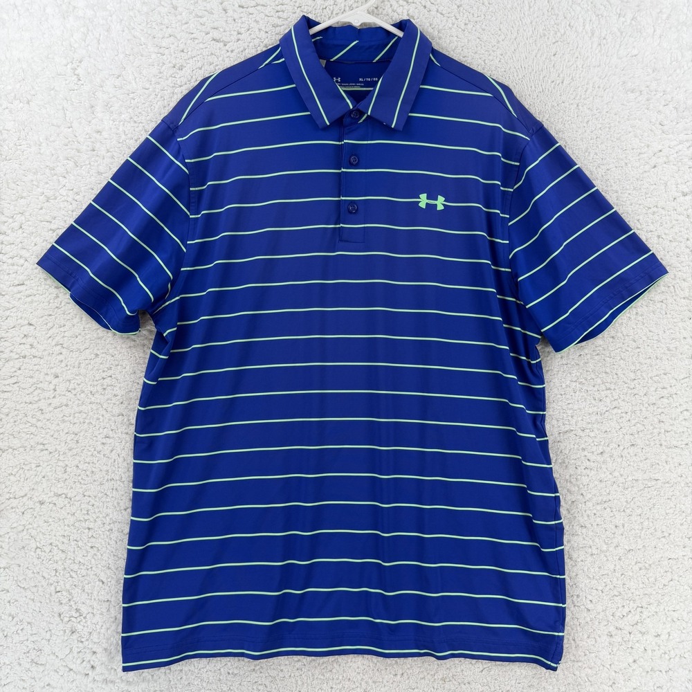 Under Armour Polo Shirt Mens XL Blue Stripe HeatGear Golf Performance Knit Top